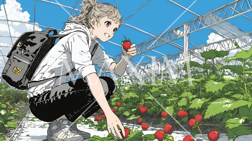 いちご狩りをしている若い女性