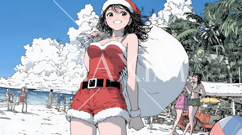 真夏（南半球）のビーチで活動中の女性のサンタクロース