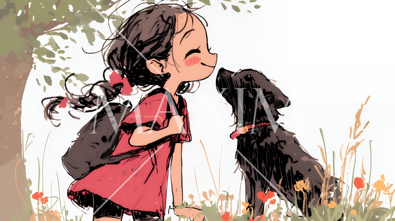 愛犬と散歩をしている女の子（クレヨン＋水彩画風）