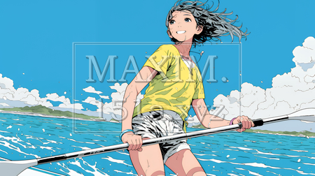 海でSUP（サップ）を楽しむ若い女性（ライフジャケットとリーシュコードの装着は必須だよ）｜爽やかなマリンスポーツ・夏のレジャーイラスト（イラストID:438195-20482）