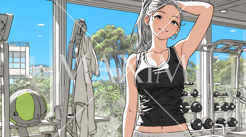 休日にジムで軽く運動する若い女性