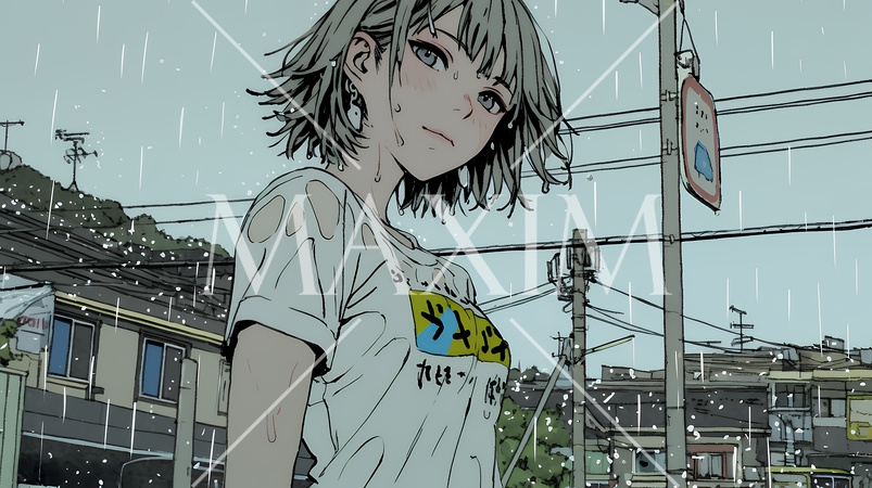 夏の急な雨でびしょ濡れの若い女性