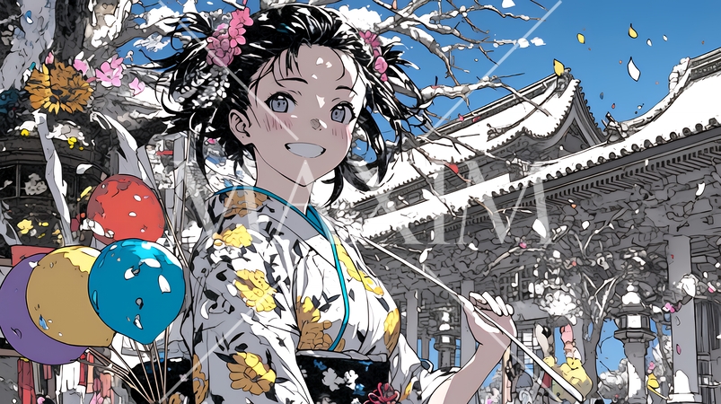 和服を着て初詣をしている若い女性