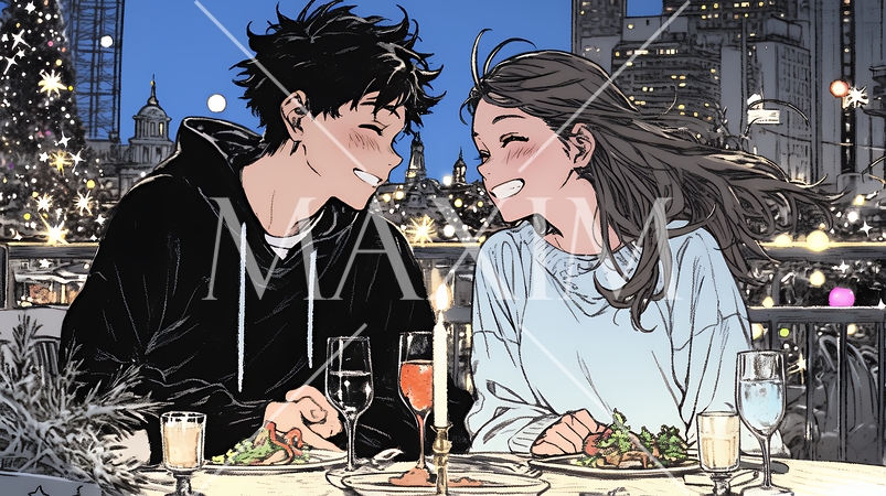 クリスマスディナーを楽しんでいる若いカップル