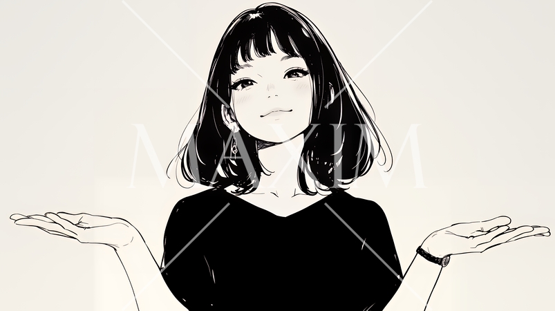 両手を広げて歓迎・驚きの仕草をしている若い女性（シンプルな色使い）