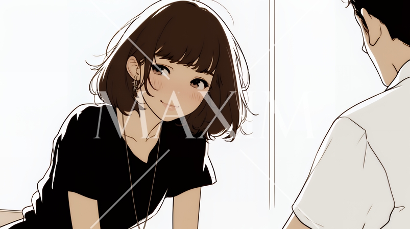 会議で発表している男性に魅了され、新しい恋の予感を抱いた若い女性（シンプルな色使い）