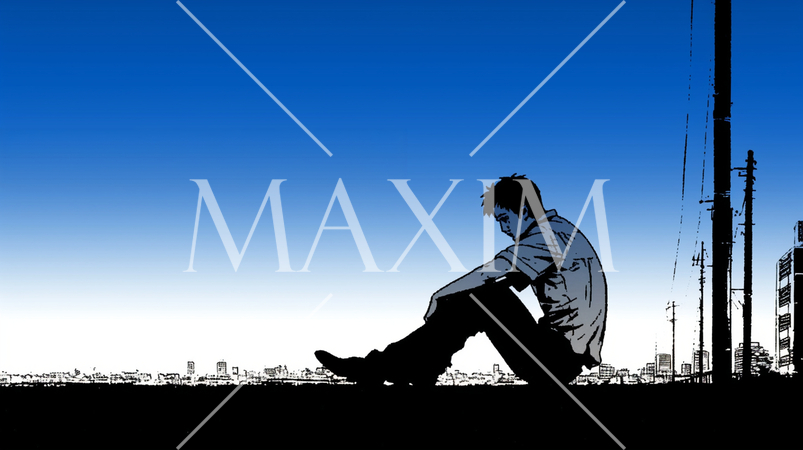 孤独な若い男性：青空の下、一人で地べたに座り込んで考え事をしている