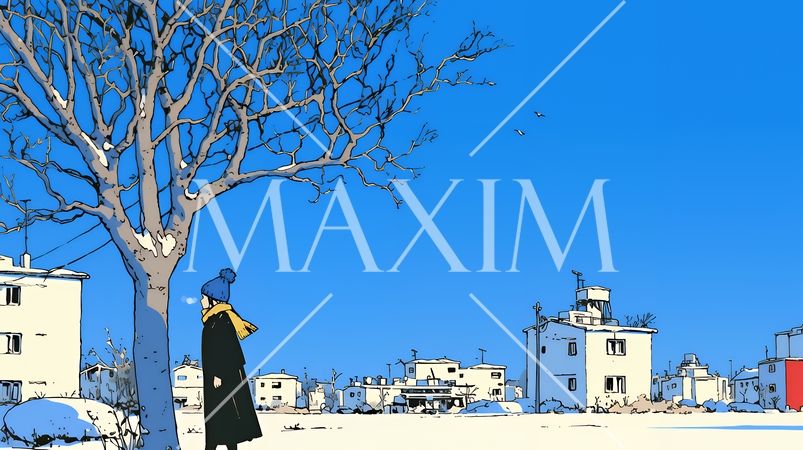 冬枯れの郊外の道を歩く若い女性