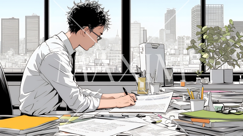 オフィスのデスクで、入念に書類をチェックする男性