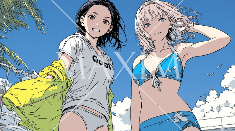 仲の良い友達同士で南国の海岸にビキニ姿でいる若い女性たち