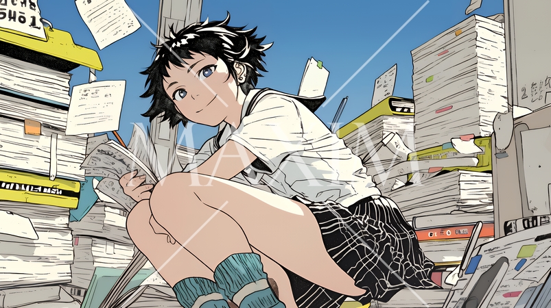 確定申告用書類をまとめている若い女性