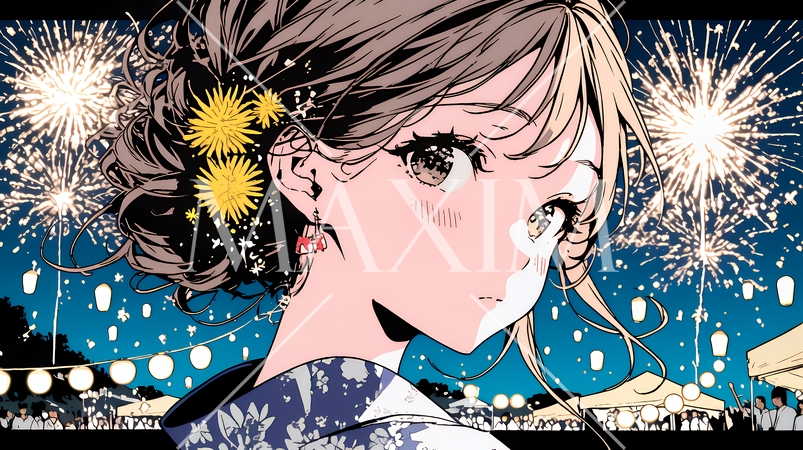 打ち上げ花火を見ている浴衣を着た若い女性