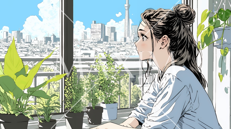 観葉植物の世話をする若い女性