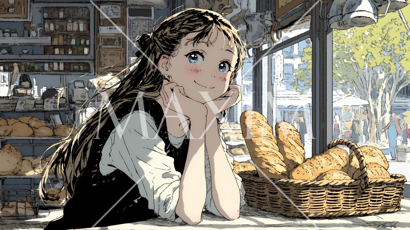 近所のパン屋で焼きたてパンを買う若い女性