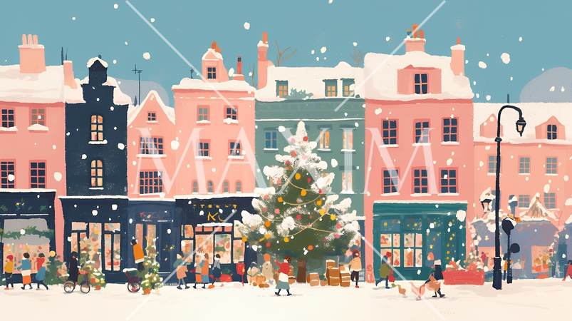 イルミネーションが彩るホワイトクリスマスの都会（ポップでキュートな表現）