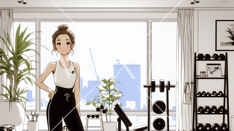 休日にジムで軽く運動する若い女性（シンプルな色使い）