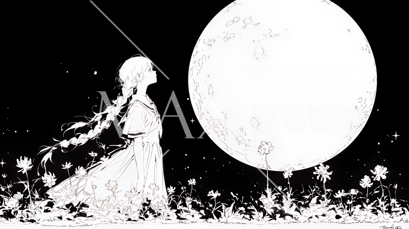 月見をしている若い女性（シンプルな色使い）