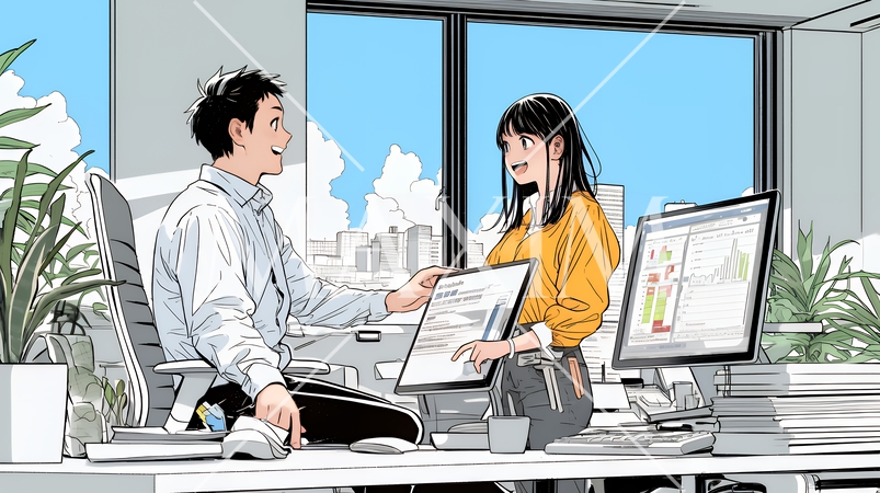 OJT：オフィスで、部下（後輩）を指導するマネージャー