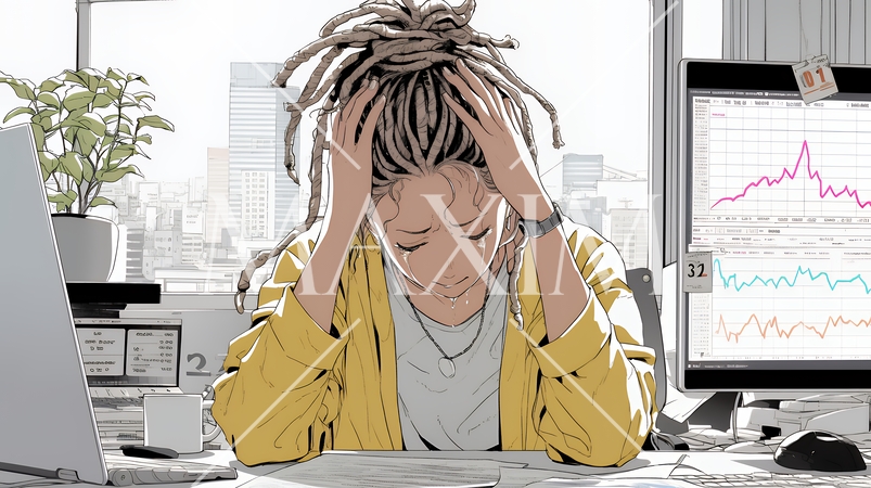 金融市場の急激な変動で頭を抱えている女性