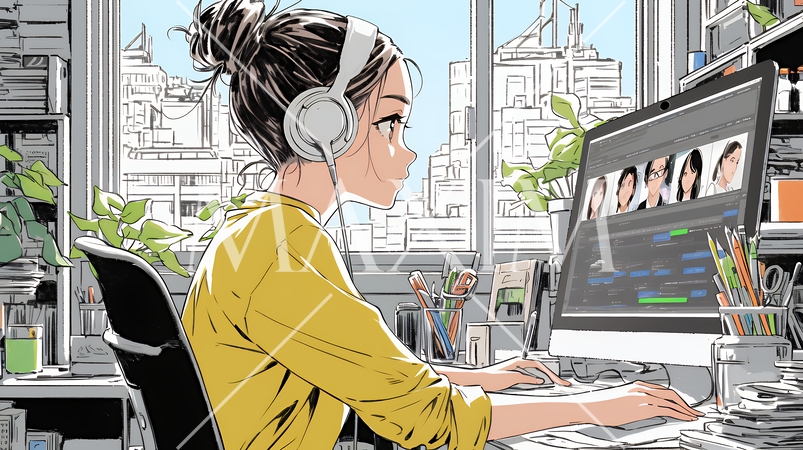 自宅からオンライン会議・授業に参加している女性