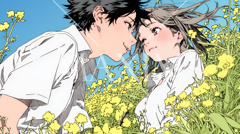 菜の花畑でデートをしている若いカップル