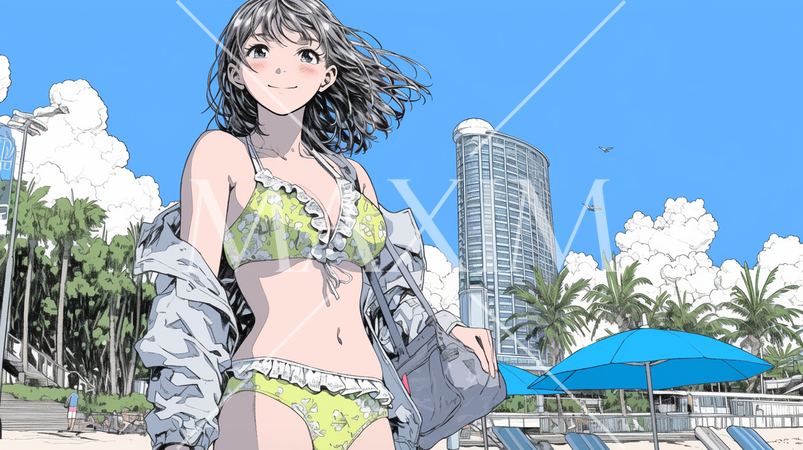 南国の海岸にビキニ姿でいる若い女性