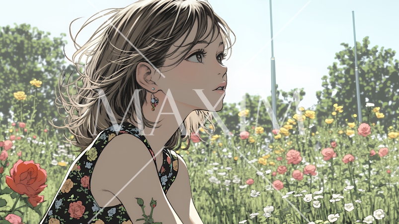 バラ園を散策している若い女性