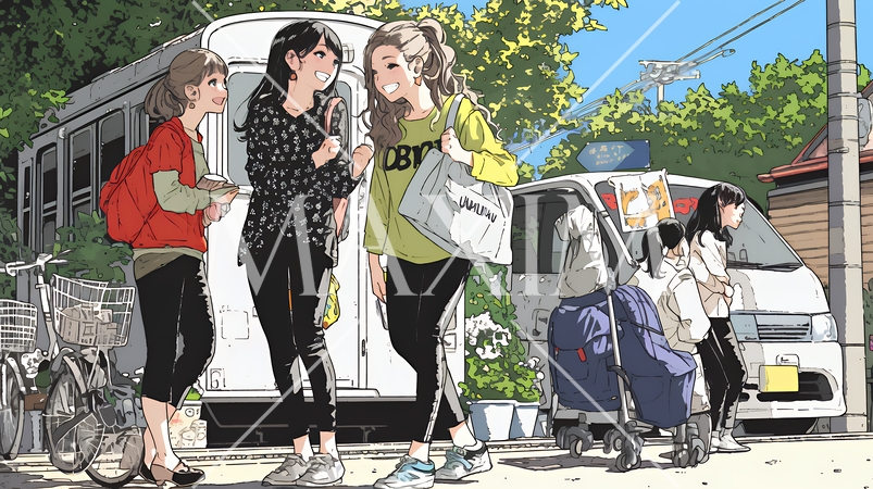 道端で会話を楽しむ若い主婦たち（ママ友たち）