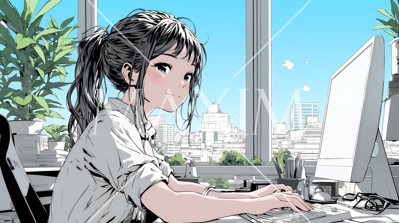 職場のデスクでパソコンに向かって仕事をしているビジネスウーマン