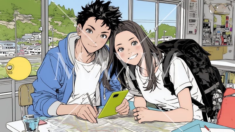 仲良く二人で旅行の計画を立てている若いカップル