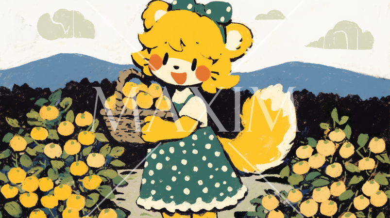 ミカンの里：ミカン畑の中、たくさんのミカンを抱えたかわいいキツネ