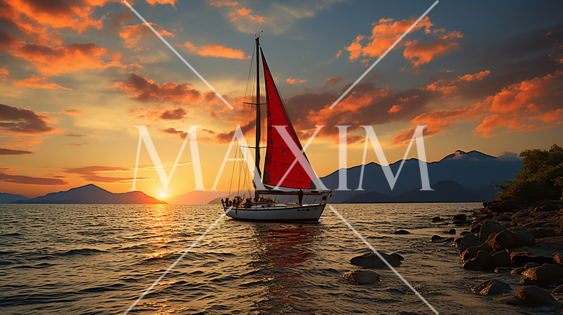 瀬戸内海の夕日とヨット：精緻CG