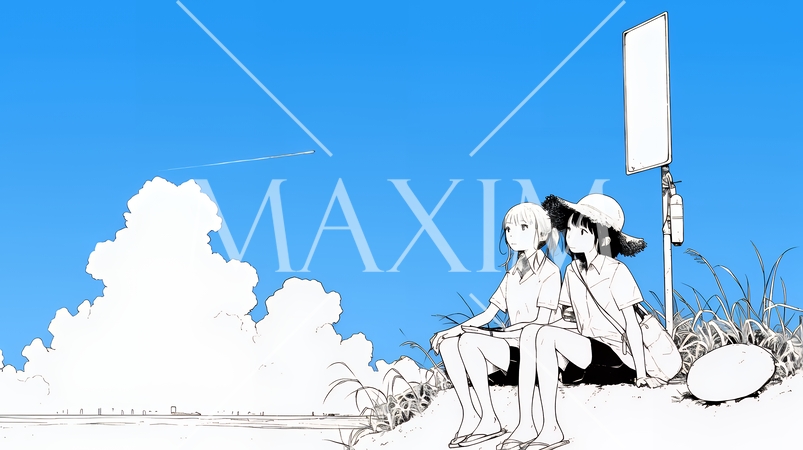 南国の海岸に友達と旅をしている若い女性（シンプルな色使い）