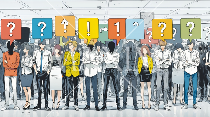 数人のビジネスパーソンが腕組みをして疑問を抱いた顔をしている