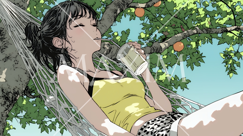 のんびり・ゆったり：夏の昼下がり木陰のハンモックで寛いでいる若い女性