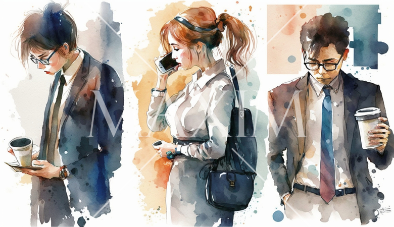 両手にスマホとコーヒーを持ちながら仕事をしている忙しいビジネスマン・ビジネスウーマン