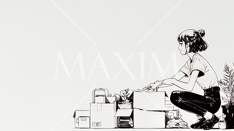 引っ越しの荷造り・荷解きをしている若い女性（シンプルな色使い）