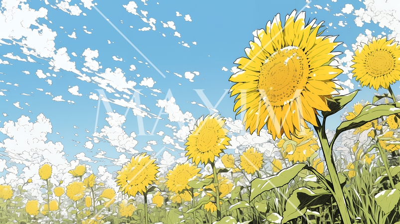 満開のひまわりと真夏の青空