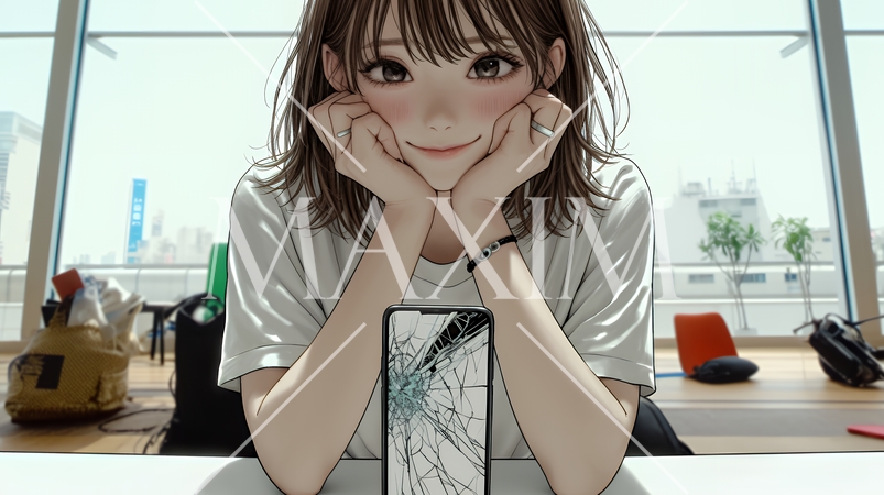 画面が激しく割れているスマートフォンを手にしているいる若い女性