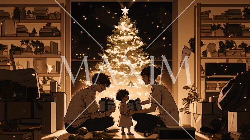 仲良し親子の楽しいクリスマス（シンプルな色使い）