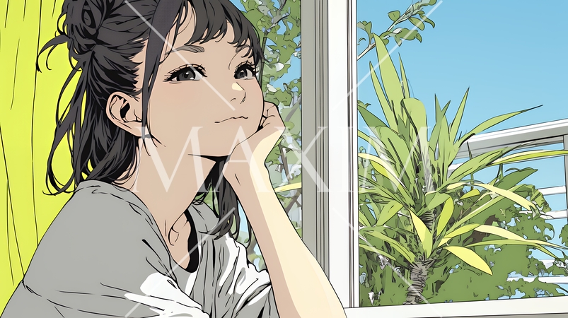 朝、カーテンを開けて天気を確認する若い女性