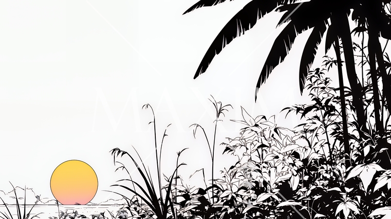 南の国の日没と熱帯植物のシルエット