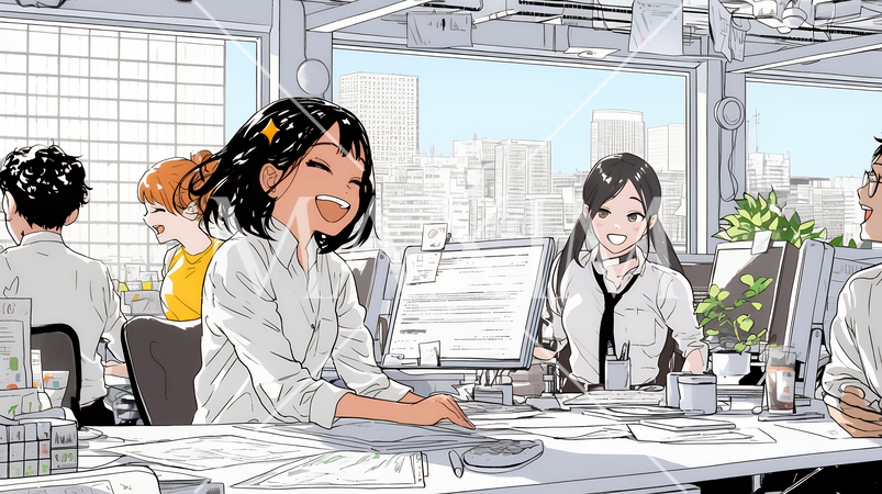 積極的な会話の多いポジティブな職場：社員たちが互いに積極的な意見を交わしている