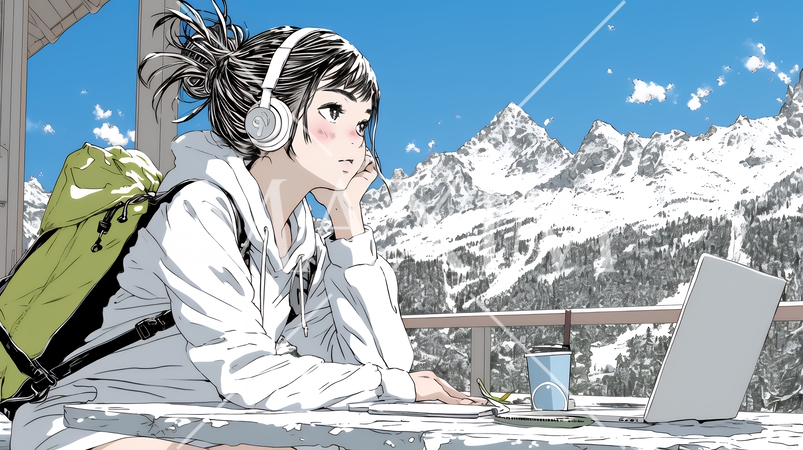 スキーリゾートに来ているのにPCを手放せない若い女性