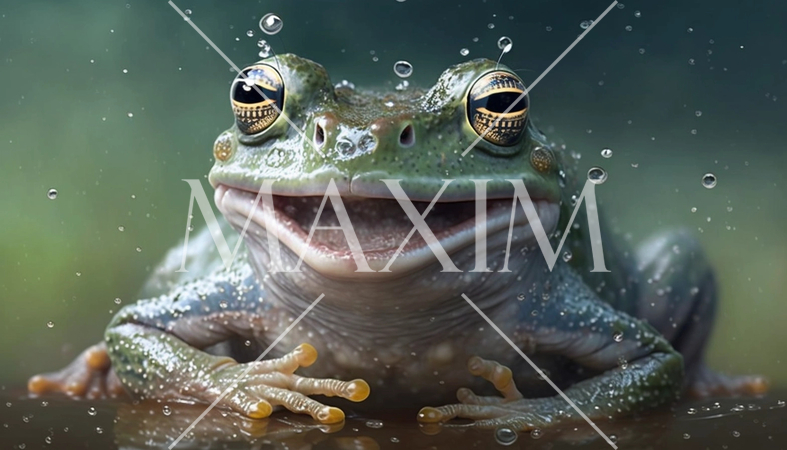 蛙のつらに水：水を浴びせられて笑い顔を浮かべている蛙を写実的に描きました