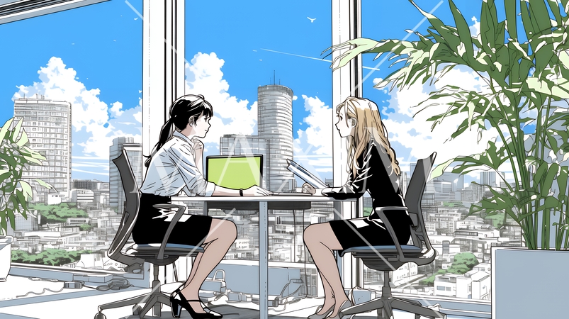 二人でミーティング（面談・インタビュー・会議）の場面