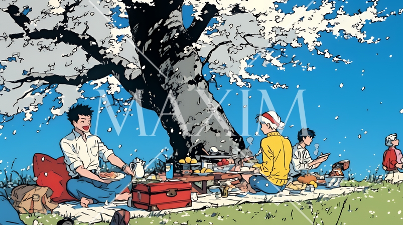 満開の桜の下で仲間たちと花見宴会