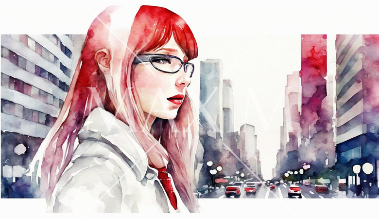 自分探しの旅に出ている若い女性：水彩画