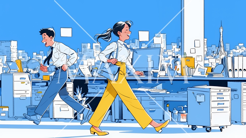 定時退社で帰宅を喜ぶ会社員｜ワークライフバランスと働き方改革のビジネスイメージ