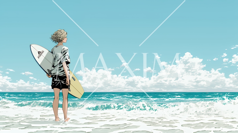 サーフボードを持ち海を見つめる若い女性｜ビーチ・リゾート・ライフスタイル・アウトドア